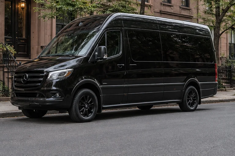 Representative black executive sprinter with tinted windows